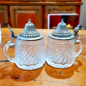 Pair Miniature Glass Steins Made in Germany Schwapskroger Pewter Ornate lids